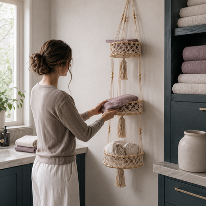 Triple-tier macrame hanging wall basket shown in a serene linen room as folded towels are placed inside for scale and everyday use. — for Carpe Diem Dream