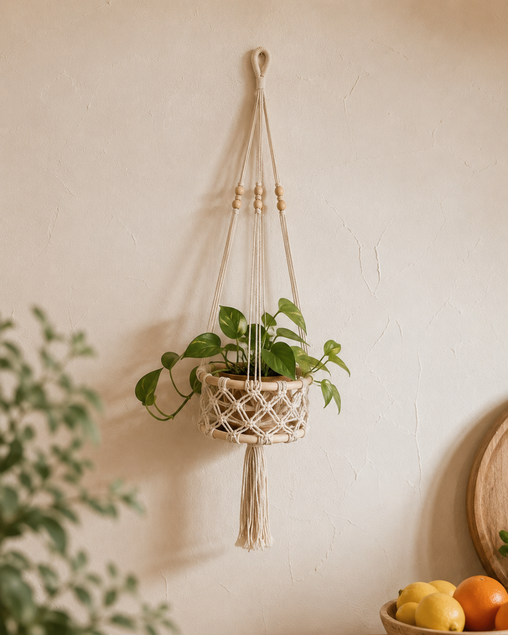 Single-tier macrame hanging wall basket with plant against a neutral wall. — for Carpe Diem Dream