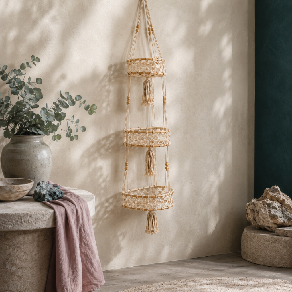 Triple-tier macrame hanging wall basket displayed in a CDD botanical studio with eucalyptus, mauve linen, stone styling, and Roman Clay walls. — for Carpe Diem Dream
