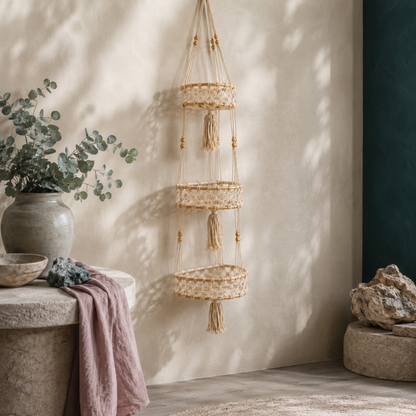 Triple-tier macrame hanging wall basket displayed in a CDD botanical studio with eucalyptus, mauve linen, stone styling, and Roman Clay walls. — for Carpe Diem Dream