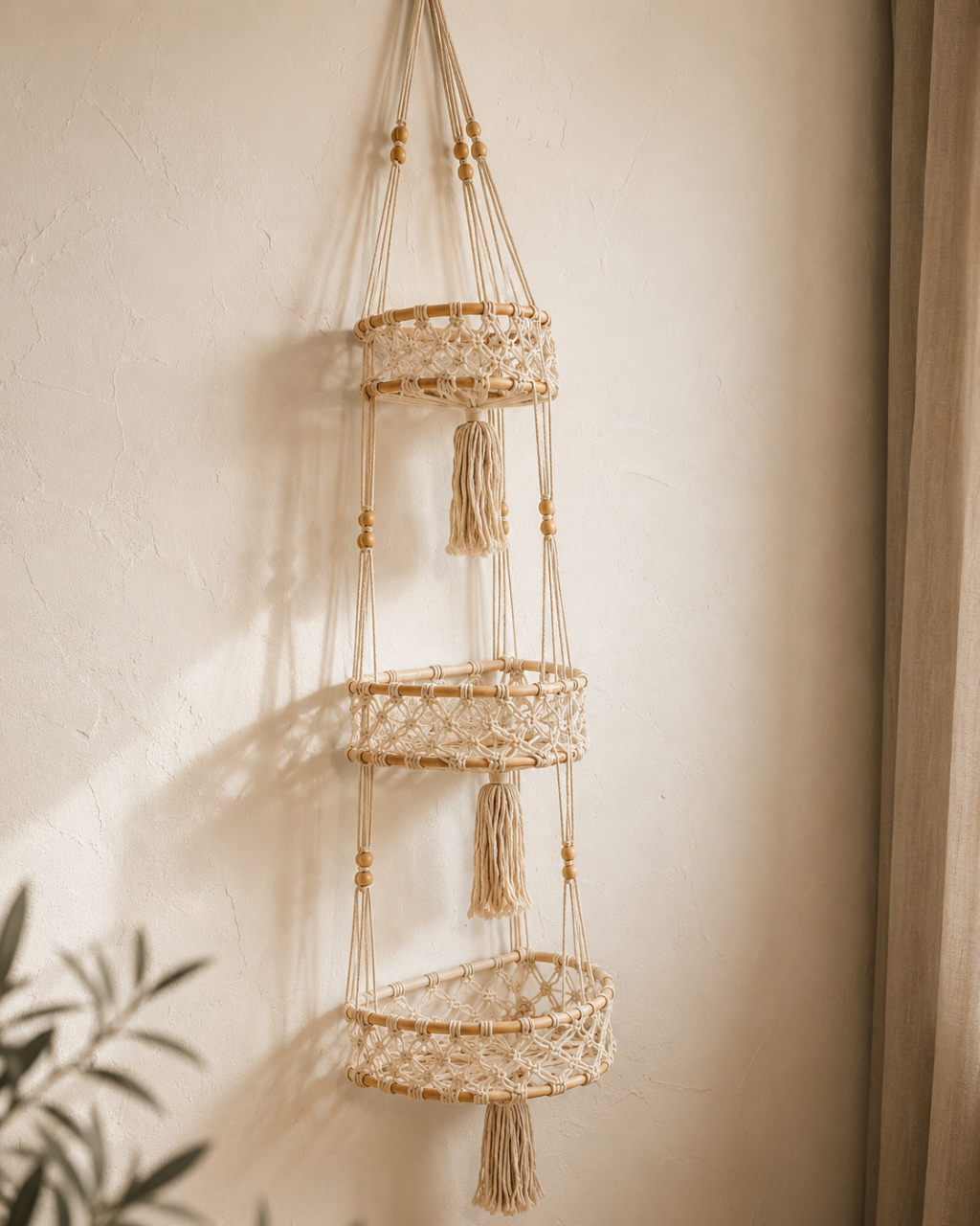 Triple-tier macrame hanging wall basket with empty rattan baskets and cotton cord against a neutral wall.  — for Carpe Diem Dream