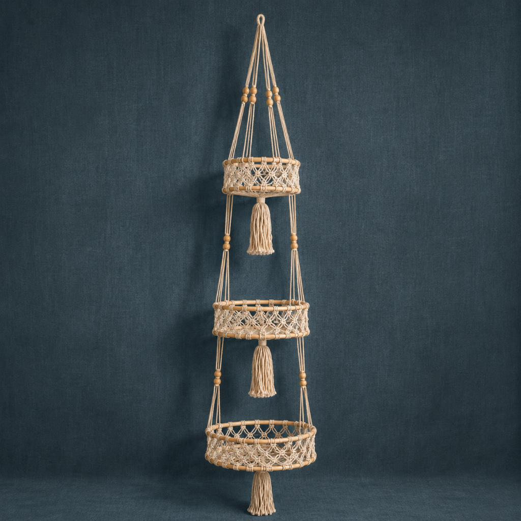 Triple-tier macrame hanging wall basket with rattan rings and cotton cord on a dark teal linen backdrop. — for Carpe Diem Dream