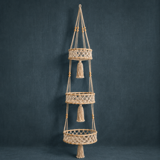 Triple-tier macrame hanging wall basket with rattan rings and cotton cord on a dark teal linen backdrop. — for Carpe Diem Dream