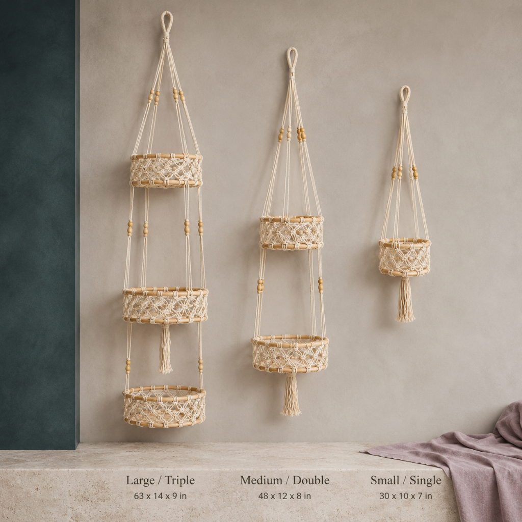Macrame hanging wall basket variants shown side by side in large triple, medium double, and small single sizes with dimension labels. — for Carpe Diem Dream