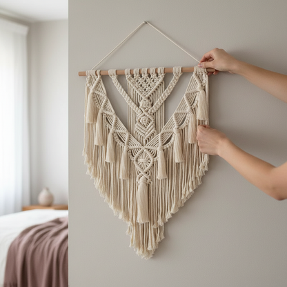 A hand-woven macrame wall hanging with geometric patterns and long cotton fringe being adjusted on a wall by hands to demonstrate hanging placement. — for Carpe Diem Dream