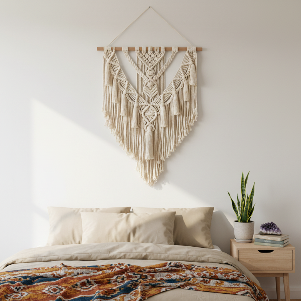 A hand-woven macrame wall hanging with geometric patterns and long cotton fringe displayed above a bed in a calm, neutral bedroom setting. — for Carpe Diem Dream