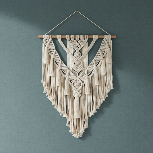 A hand-woven macrame wall hanging with intricate geometric patterns and long cotton fringe displayed against a muted teal wall with soft natural lighting. — for Carpe Diem Dream