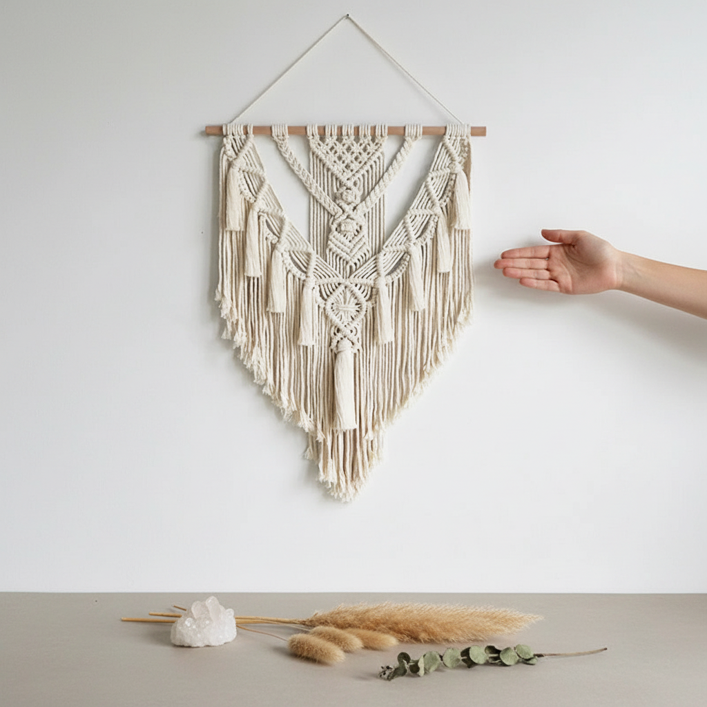 A hand-woven macrame wall hanging with geometric patterns and long cotton fringe displayed on a neutral wall with a hand placed beside it to show scale. — for Carpe Diem Dream