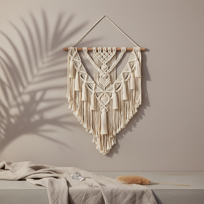 A hand-woven macrame wall hanging with geometric patterns and long cotton fringe displayed on a neutral wall with soft botanical shadow and styled linen surface below. — for Carpe Diem Dream