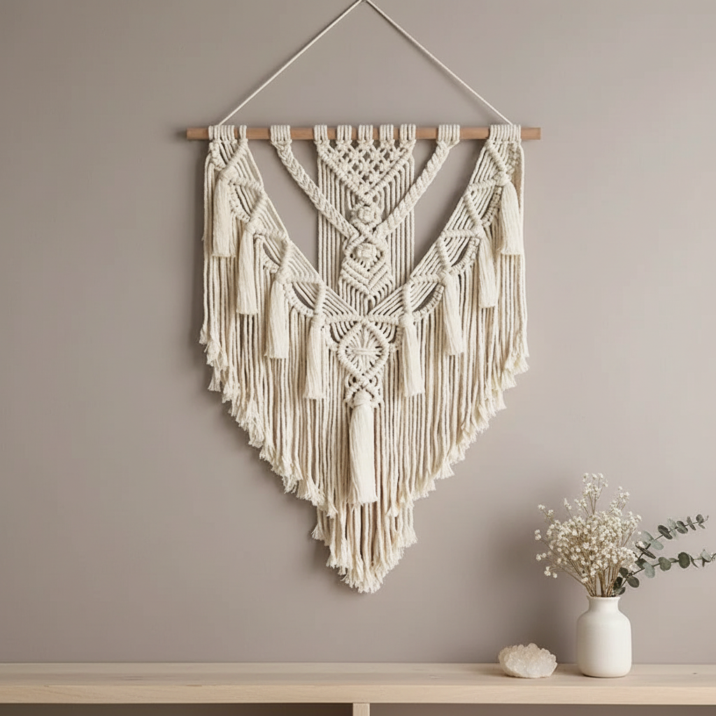 A hand-woven macrame wall hanging with geometric patterns and long cotton fringe displayed on a neutral wall above a wooden surface with a small vase and dried florals. — for Carpe Diem Dream