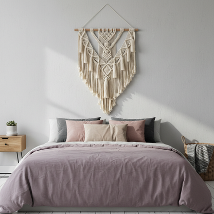 A hand-woven macrame wall hanging with geometric patterns and long cotton fringe styled above a neatly made bed with soft neutral bedding in a serene bedroom setting. — for Carpe Diem Dream