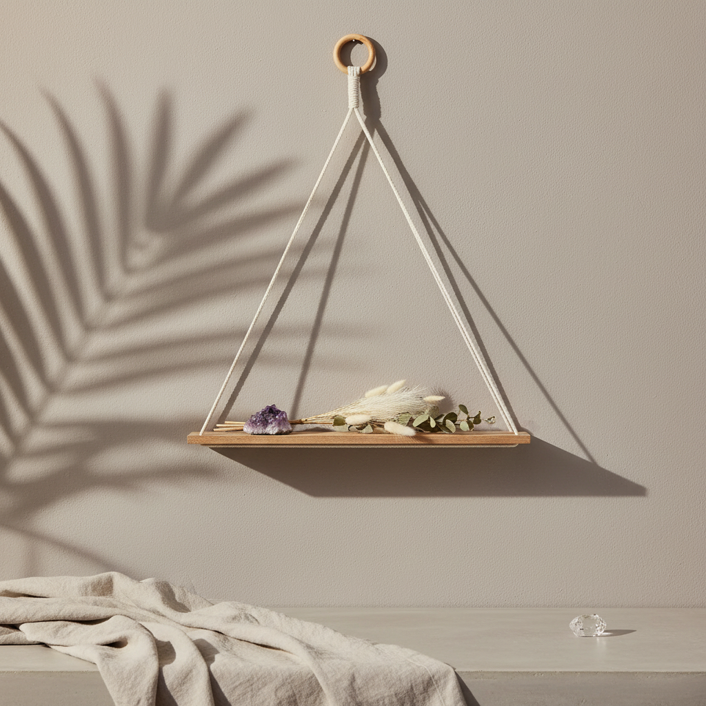 A macrame wall shelf with a wooden platform and cotton rope hanging design styled with small decorative objects on a neutral wall with soft botanical shadows. — for Carpe Diem Dream