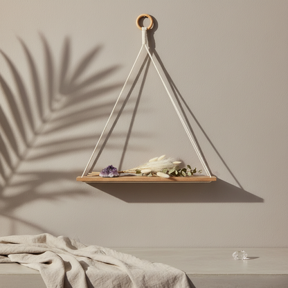 A macrame wall shelf with a wooden platform and cotton rope hanging design styled with small decorative objects on a neutral wall with soft botanical shadows. — for Carpe Diem Dream