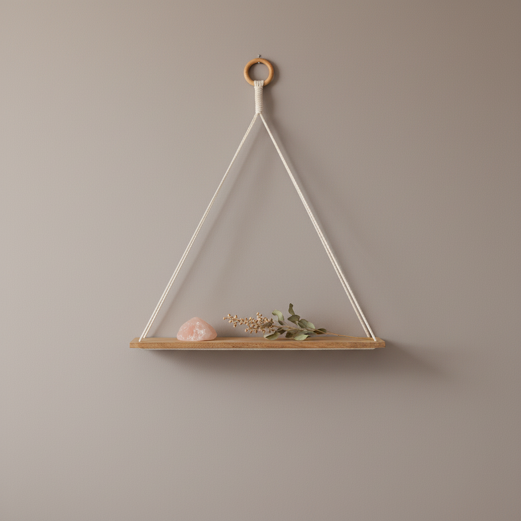 A macrame wall shelf with a wooden platform and cotton rope hanging design styled with a crystal and dried botanical on a soft neutral background. — for Carpe Diem Dream
