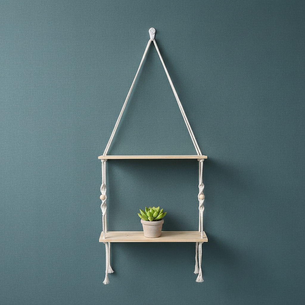 A close-up of a two-tier macrame wall shelf with natural wood platforms and cotton rope design styled with a small potted plant on a muted teal textured background. — for Carpe Diem Dream
