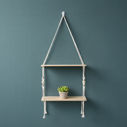 A close-up of a two-tier macrame wall shelf with natural wood platforms and cotton rope design styled with a small potted plant on a muted teal textured background. — for Carpe Diem Dream