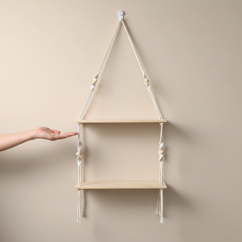 A two-tier macrame wall shelf with natural wood platforms and cotton rope design shown being supported by a hand against a neutral wall to demonstrate installation and structure. — for Carpe Diem Dream