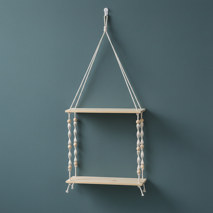 A two-tier macrame wall shelf with natural wood platforms and cotton rope hanging design displayed on a muted teal textured background with soft lighting. — for Carpe Diem Dream