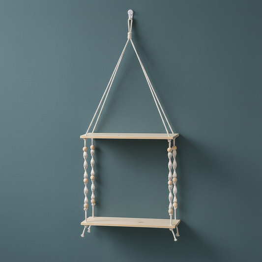 A two-tier macrame wall shelf with natural wood platforms and cotton rope hanging design displayed on a muted teal textured background with soft lighting. — for Carpe Diem Dream