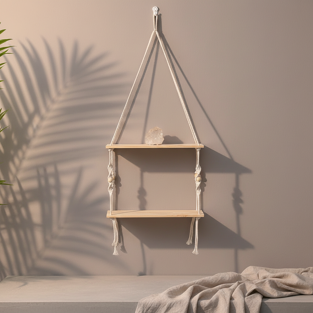 A two-tier macrame wall shelf with natural wood platforms and cotton rope design styled with a small crystal on a neutral wall with soft botanical shadows and draped fabric below. — for Carpe Diem Dream