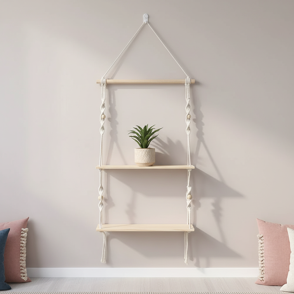 A two-tier macrame wall shelf with natural wood platforms and cotton rope design displayed in a soft neutral room with a small potted plant and pillows, creating a calm home styling scene. — for Carpe Diem Dream
