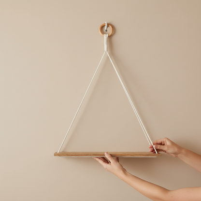A macrame wall shelf with a wooden platform and cotton rope hanging design being adjusted by hands against a soft neutral wall. — for Carpe Diem Dream