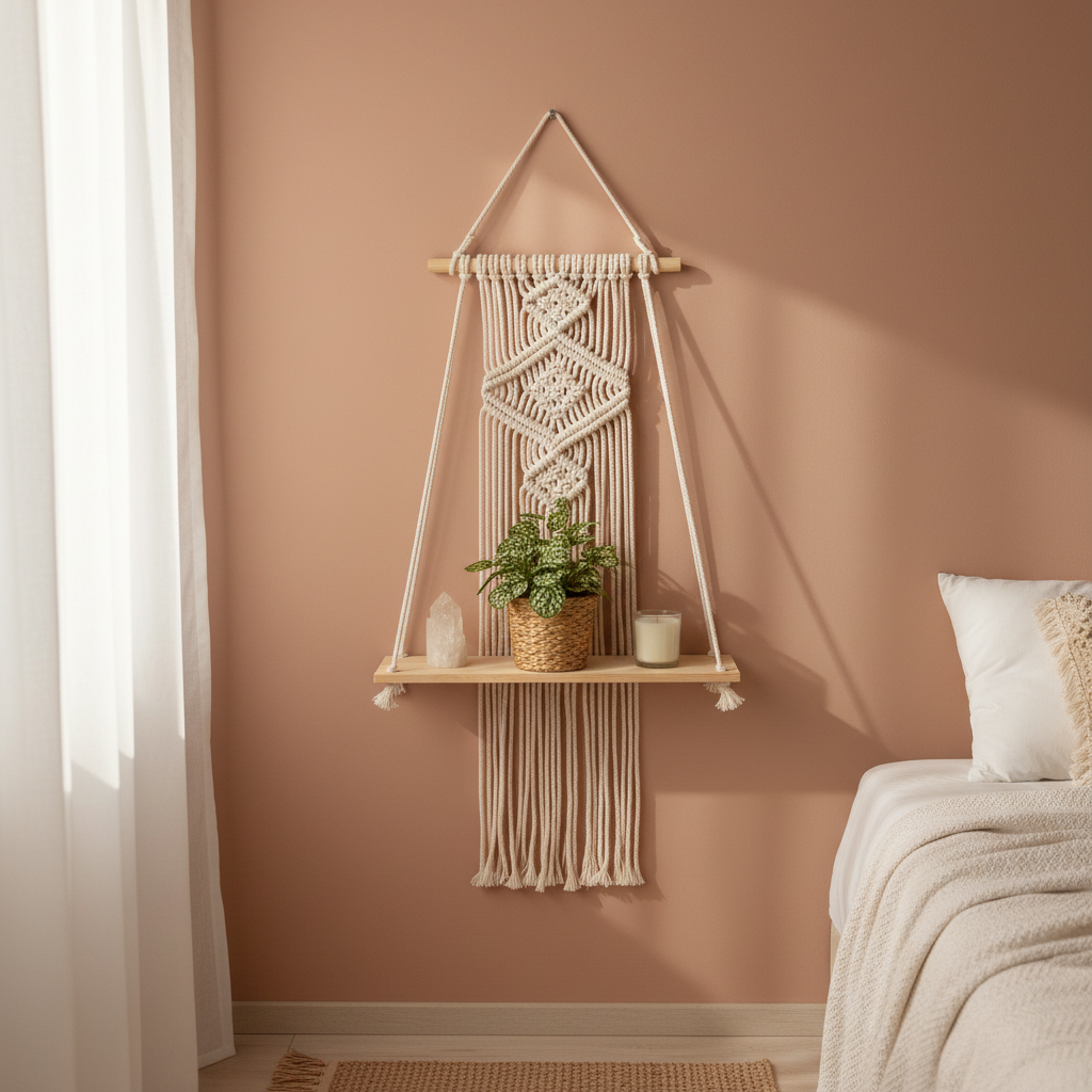 A macrame wall shelf with a wooden platform and woven cotton design displayed beside a bed with soft neutral bedding in a calm bedroom setting. — for Carpe Diem Dream