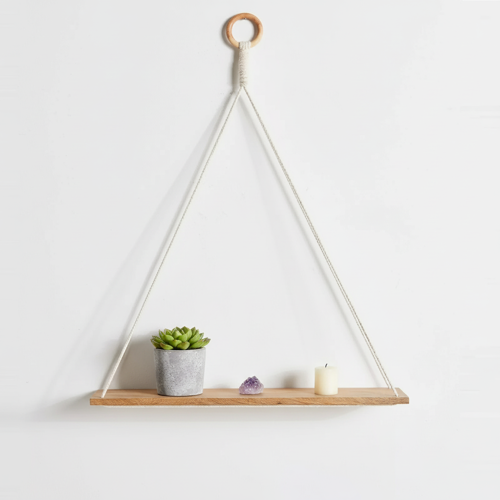 A macrame wall shelf with a wooden platform and cotton rope hanging design styled with a small potted plant, crystal, and candle on a clean neutral wall. — for Carpe Diem Dream