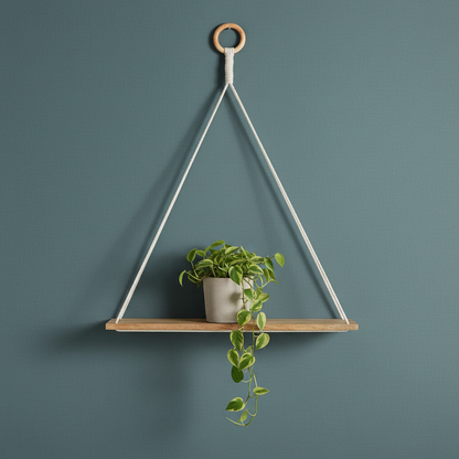 A macrame wall shelf with a wooden platform and cotton rope hanging design styled with a small trailing potted plant on a muted teal textured background. — for Carpe Diem Dream