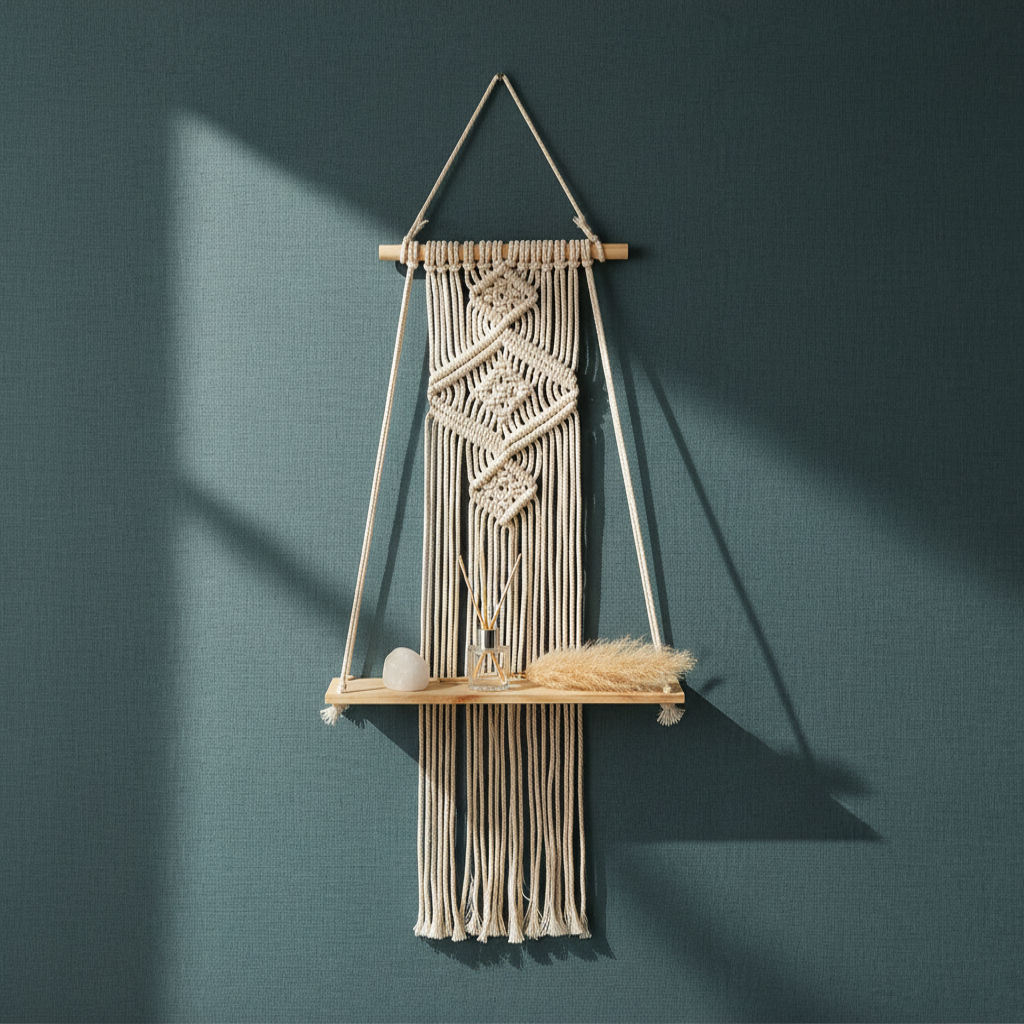 A macrame wall shelf with a wooden platform and woven cotton design displayed against a muted teal wall with minimal decorative accents. — for Carpe Diem Dream