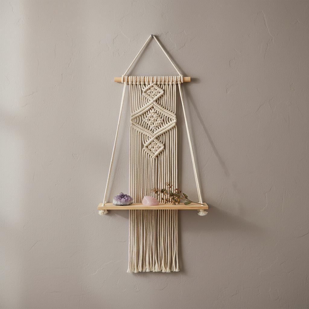 A macrame wall shelf with a wooden platform and woven cotton design styled with calming decor elements to create a peaceful meditation-inspired space. — for Carpe Diem Dream