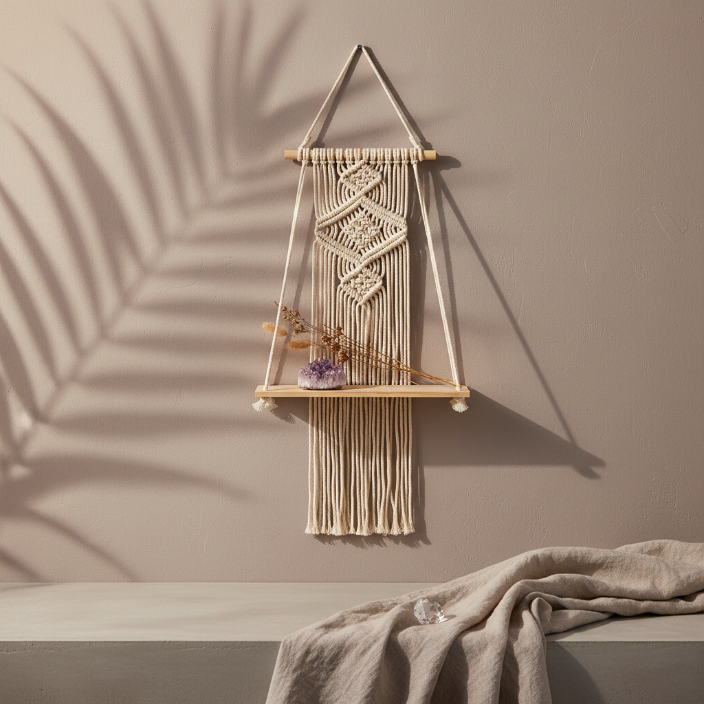 A macrame wall shelf with a wooden platform and woven cotton design displayed on a neutral wall with soft botanical shadow and minimal decorative accents. — for Carpe Diem Dream