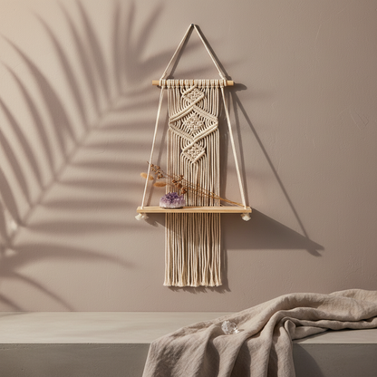 A macrame wall shelf with a wooden platform and woven cotton design displayed on a neutral wall with soft botanical shadow and minimal decorative accents. — for Carpe Diem Dream