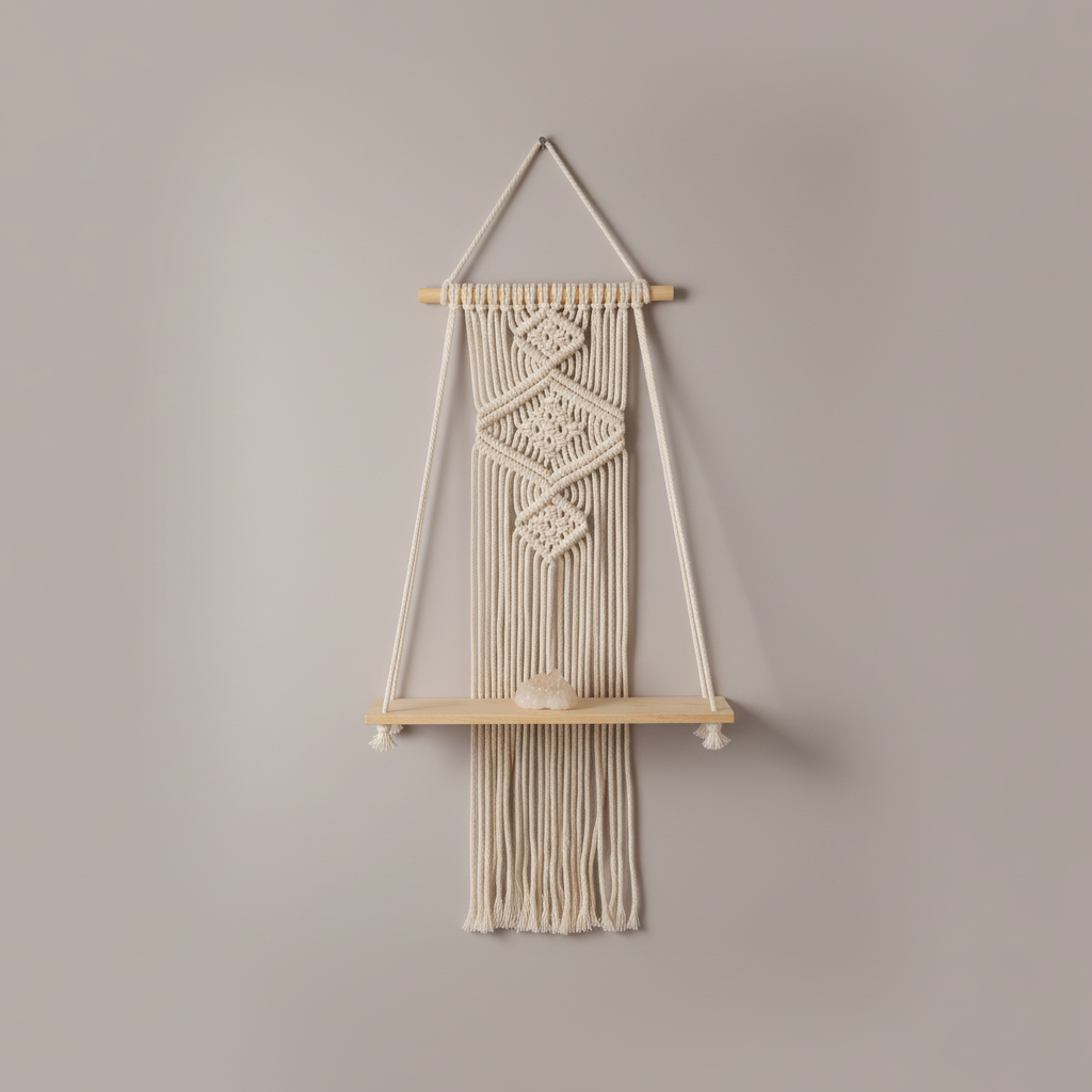 A macrame wall shelf with a wooden platform and woven cotton design displayed against a soft neutral background. — for Carpe Diem Dream