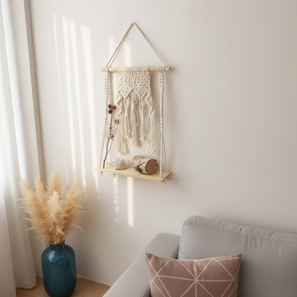 A macrame wall shelf with a wooden platform and woven cotton design styled in a softly lit living space with natural textures and calming decor elements. — for Carpe Diem Dream