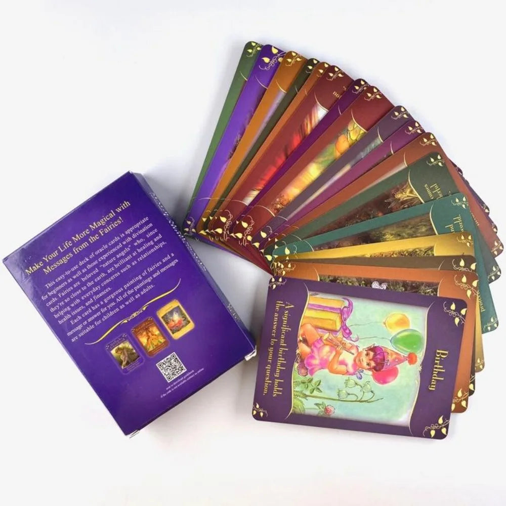 Back of Magical Messages From The Fairies Oracle deck box displayed beside a fanned spread of colorful illustrated cards on a white background. — for Carpe Diem Dream