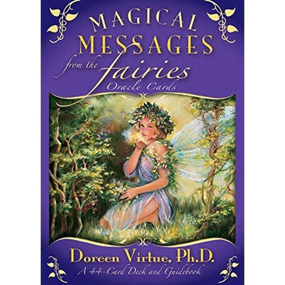 Close-up of Magical Messages From The Fairies Oracle deck box front featuring a fairy illustration and purple background design. — for Carpe Diem Dream