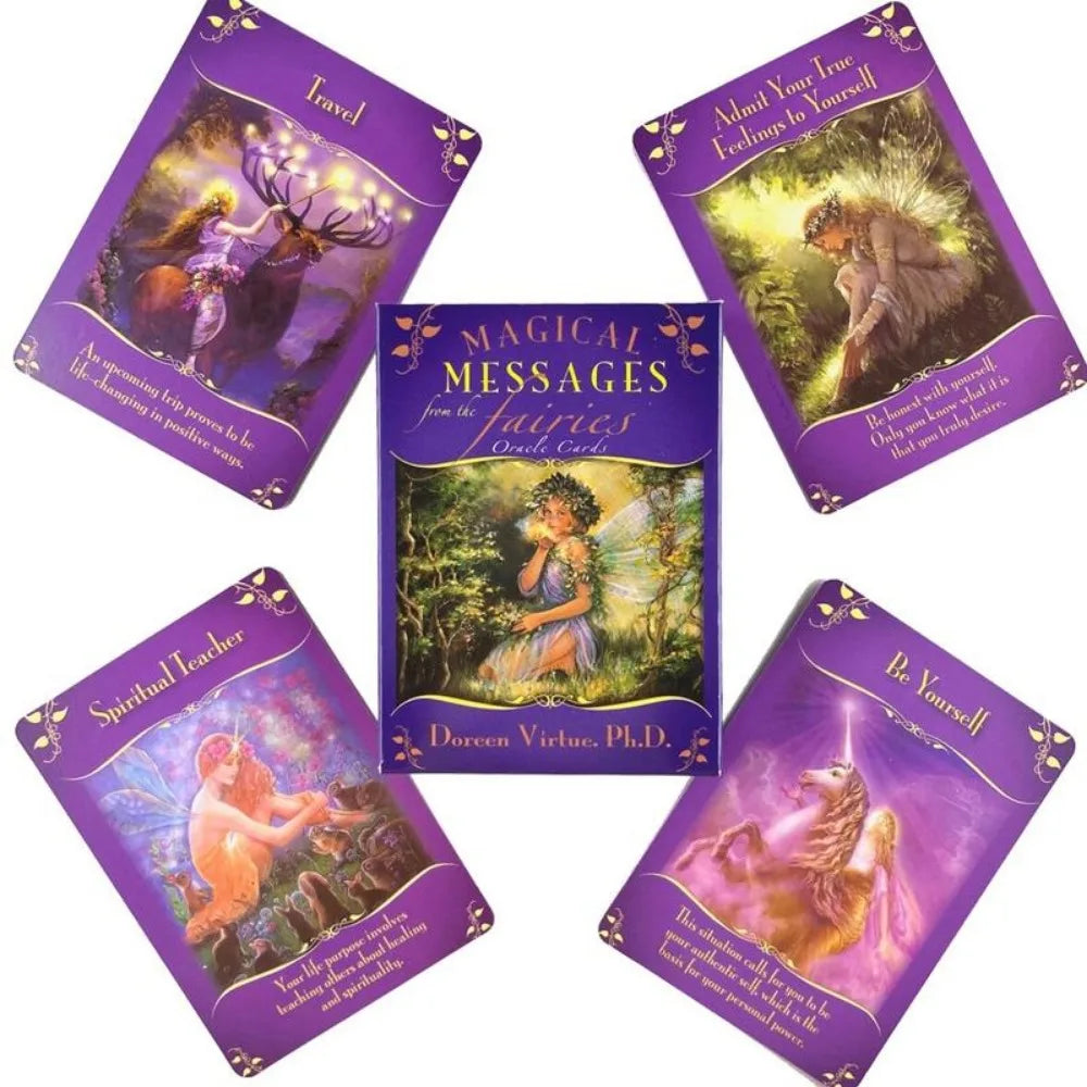 A Magical Messages From The Fairies Oracle deck box centered with five colorful fairy-themed cards arranged around it on a white background. — for Carpe Diem Dream