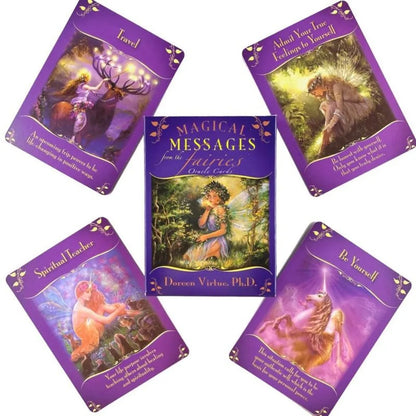 A Magical Messages From The Fairies Oracle deck box centered with five colorful fairy-themed cards arranged around it on a white background. — for Carpe Diem Dream