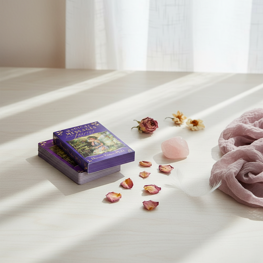 A Magical Messages From The Fairies Oracle deck stacked on a soft neutral surface with rose petals, a rose quartz crystal, and draped fabric in warm natural sunlight. — for Carpe Diem Dream