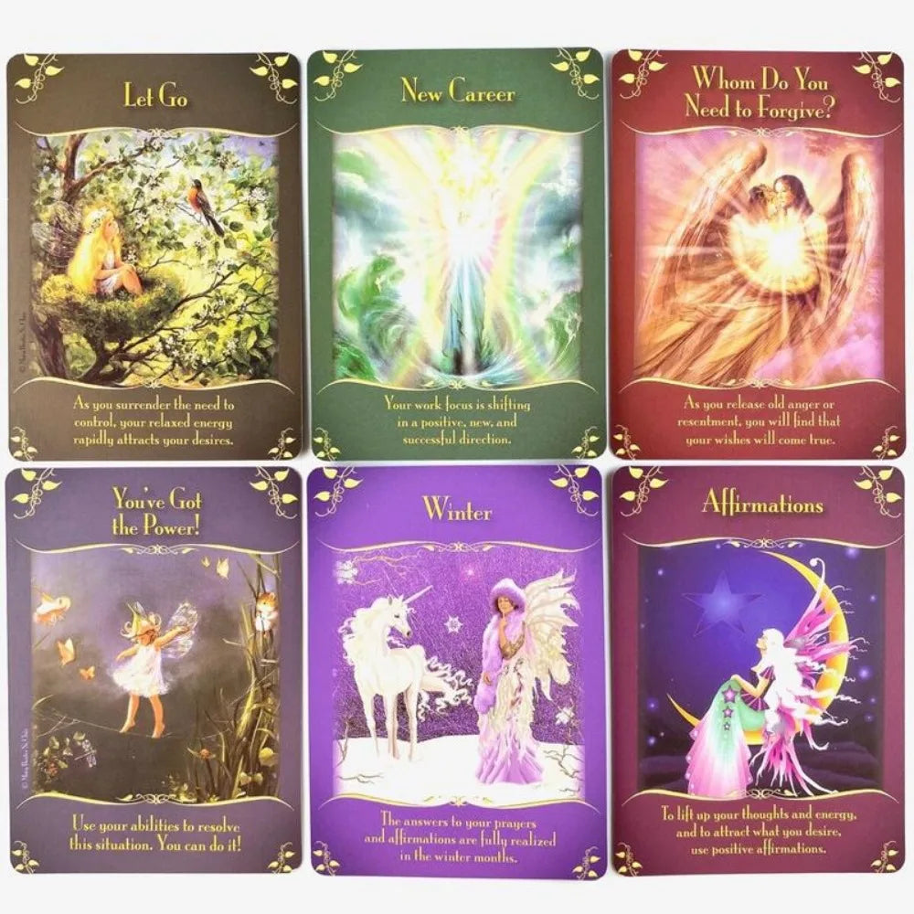 Six Magical Messages From The Fairies Oracle cards displayed in a two-row grid featuring colorful fairy illustrations and message titles on a white background. — for Carpe Diem Dream