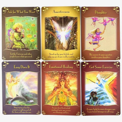 Six Magical Messages From The Fairies Oracle cards displayed in a two-row grid with vibrant fairy artwork and message titles on a white background. — for Carpe Diem Dream