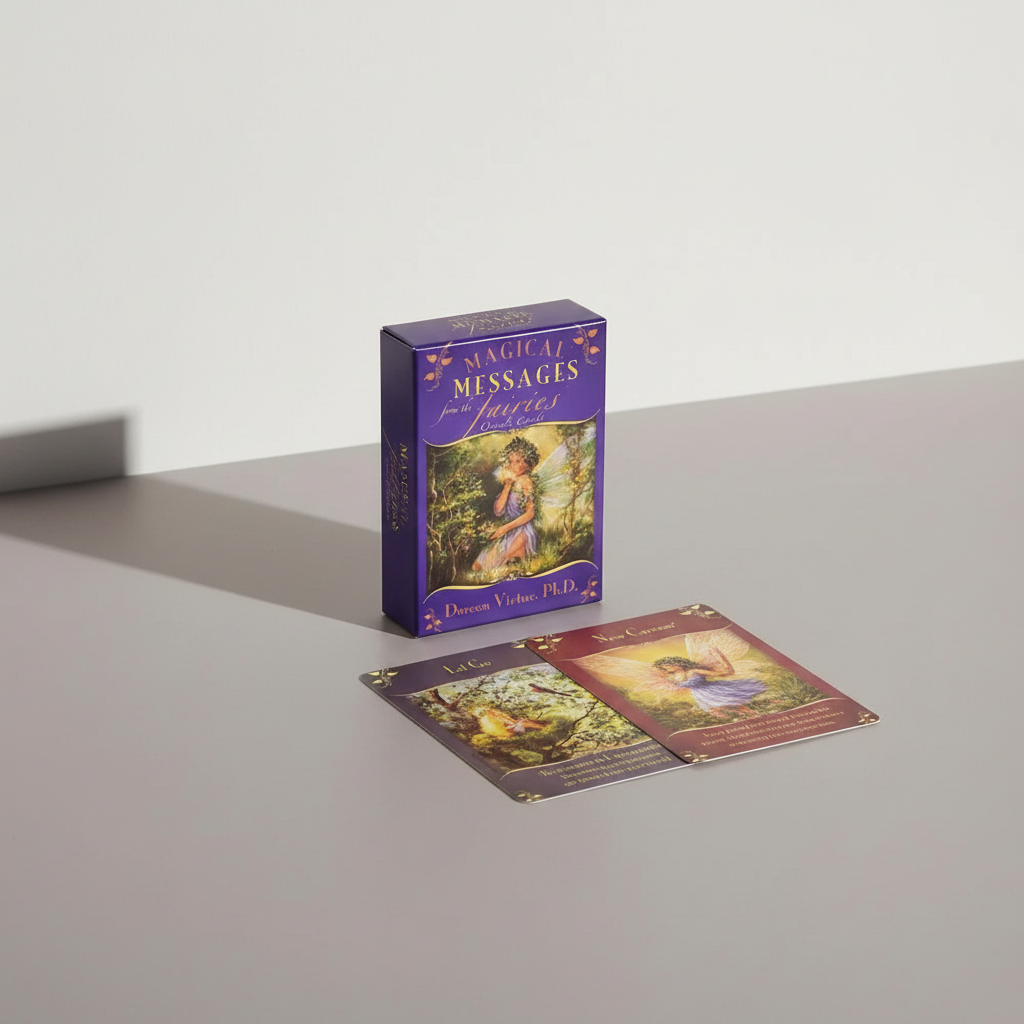 A Magical Messages From The Fairies Oracle deck box displayed upright with two oracle cards laid in front on a clean neutral studio surface with soft lighting. — for Carpe Diem Dream