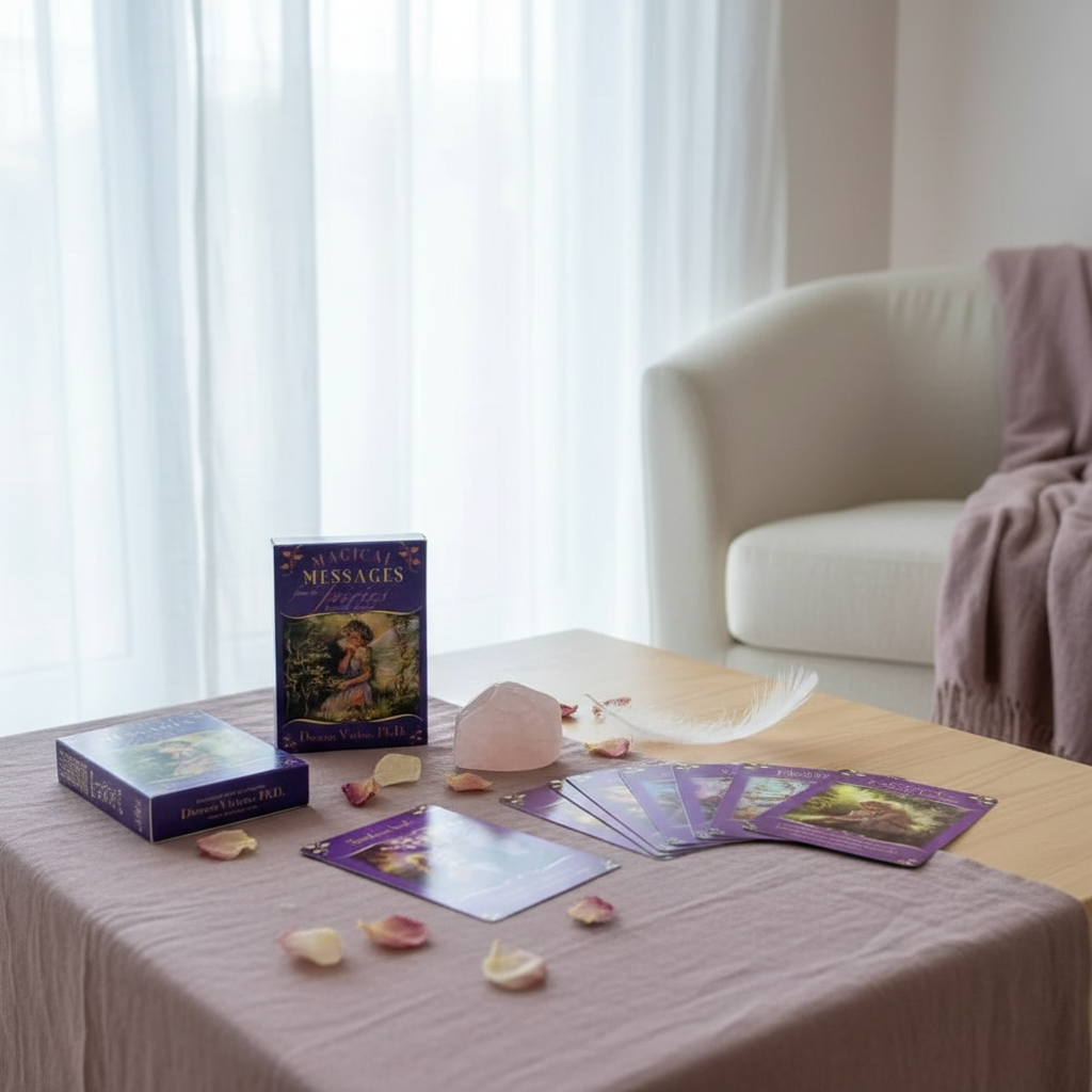 A Magical Messages From The Fairies Oracle deck displayed on a softly styled table with cards fanned out alongside a rose quartz crystal, petals, and a feather in a calm home setting. — for Carpe Diem Dream