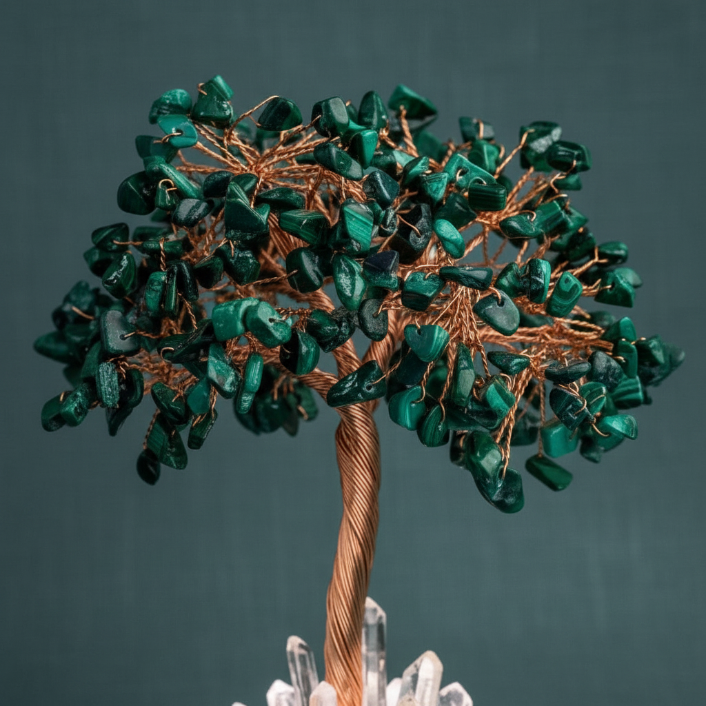 A close-up view of a malachite crystal tree lamp showing polished green stone chips wrapped in copper wire branches above a clear quartz base against a muted teal background. — for Carpe Diem Dream