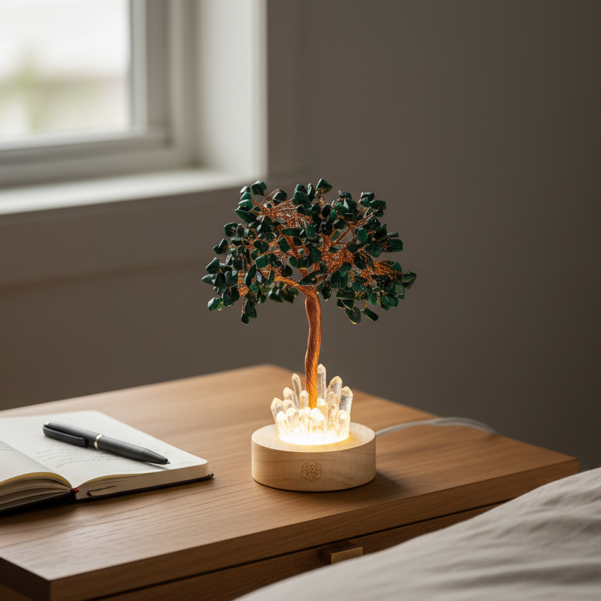 A malachite crystal tree lamp glowing softly on a wooden bedside table beside an open notebook in a calm bedroom setting. — for Carpe Diem Dream