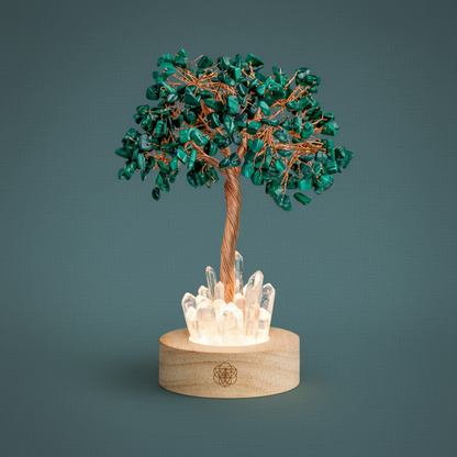 A malachite crystal tree lamp with copper wire branches and a clear quartz base glowing softly on a muted teal background. — for Carpe Diem Dream