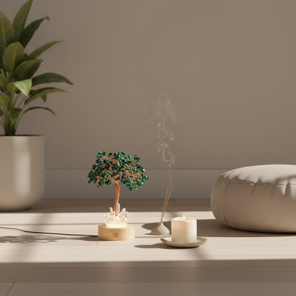 A malachite crystal tree lamp displayed at true scale on a low meditation platform beside a cushion, incense smoke, and a lit candle in a serene meditation setting. — for Carpe Diem Dream