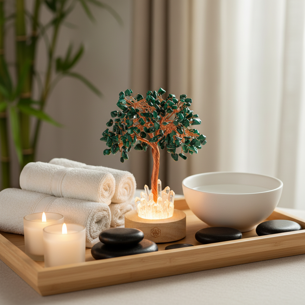 A malachite crystal tree lamp with copper wire branches and a clear quartz base displayed on a spa tray with rolled towels, candles, smooth stones, and a ceramic bowl. — for Carpe Diem Dream
