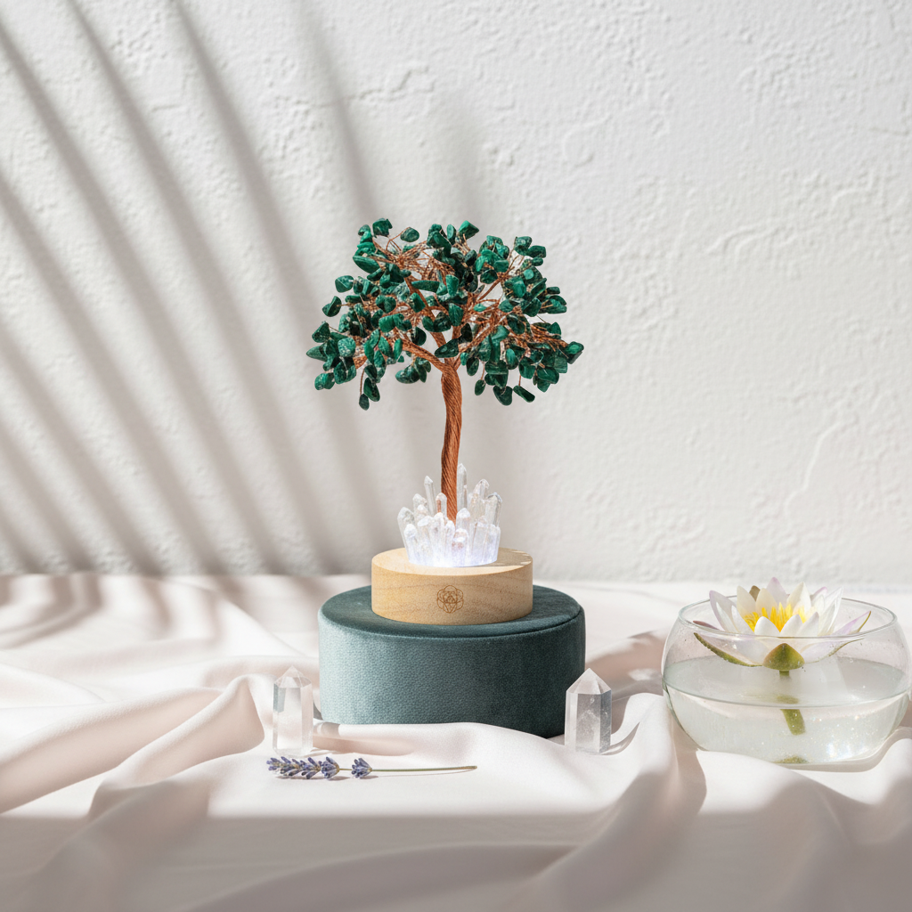 A malachite crystal tree lamp displayed at true scale on a softly draped studio surface with clear quartz points, a ceramic bowl with floating lotus flower, and gentle botanical shadows. — for Carpe Diem Dream